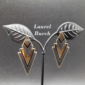 Vintage Laurel Burch Gray Gold Post Earrings, Geometric Gold Plated